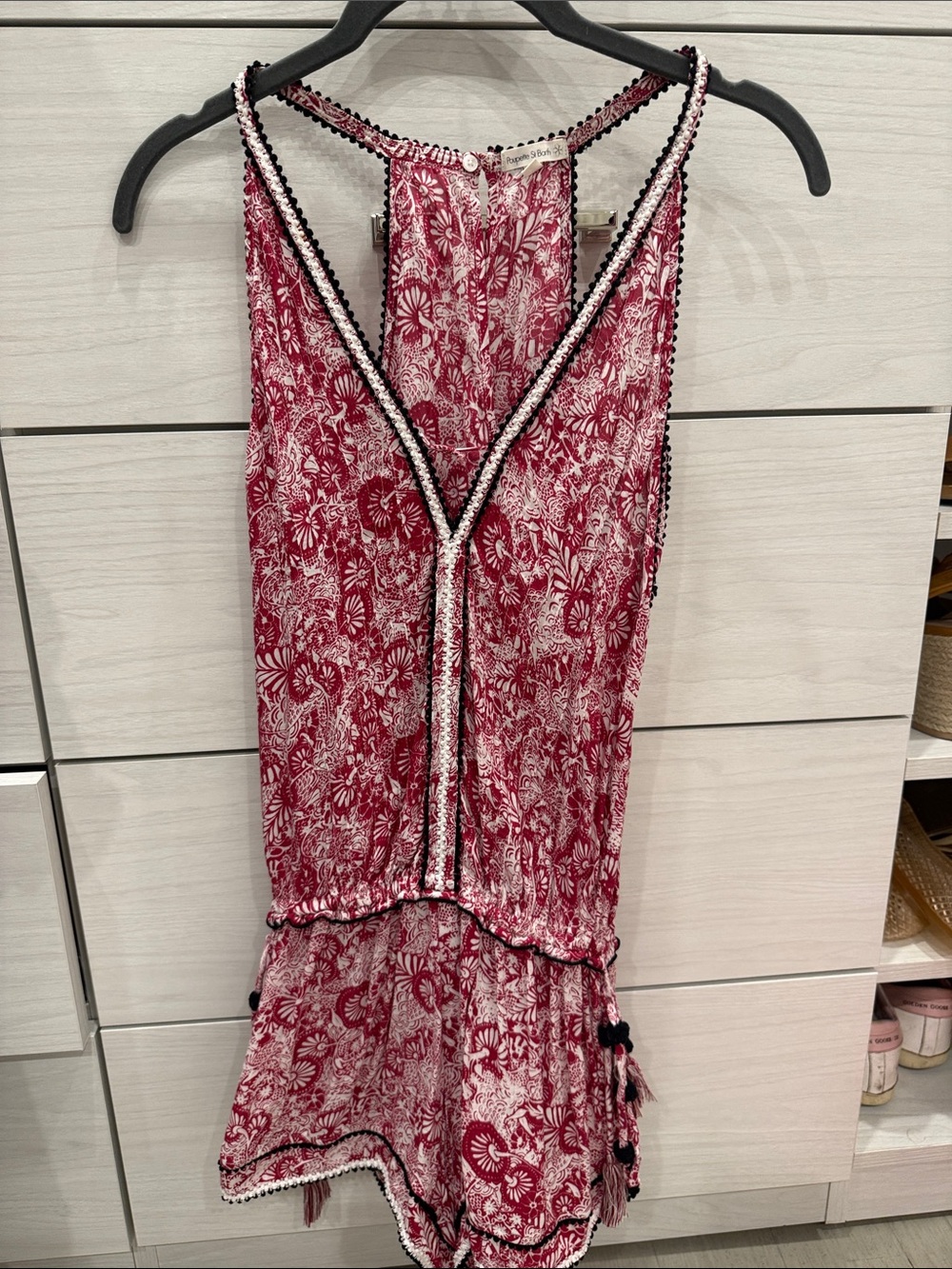 Poupette St. Barth Red and White Floral Romper with Black Pom Trim